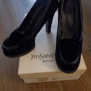 SAINT LAURENT black VELVET/ Jeanne 90 moccasin heels 36.5
